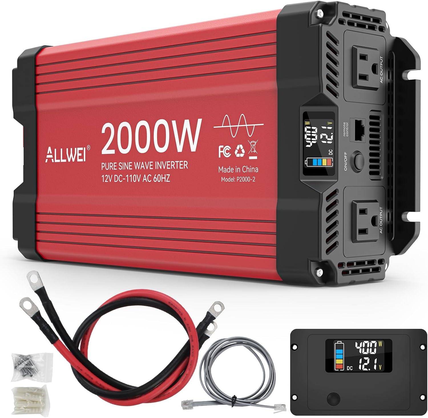 ALLWEI 2000W Pure Sine Wave Inverter - 12V DC to 110V AC Power Converter