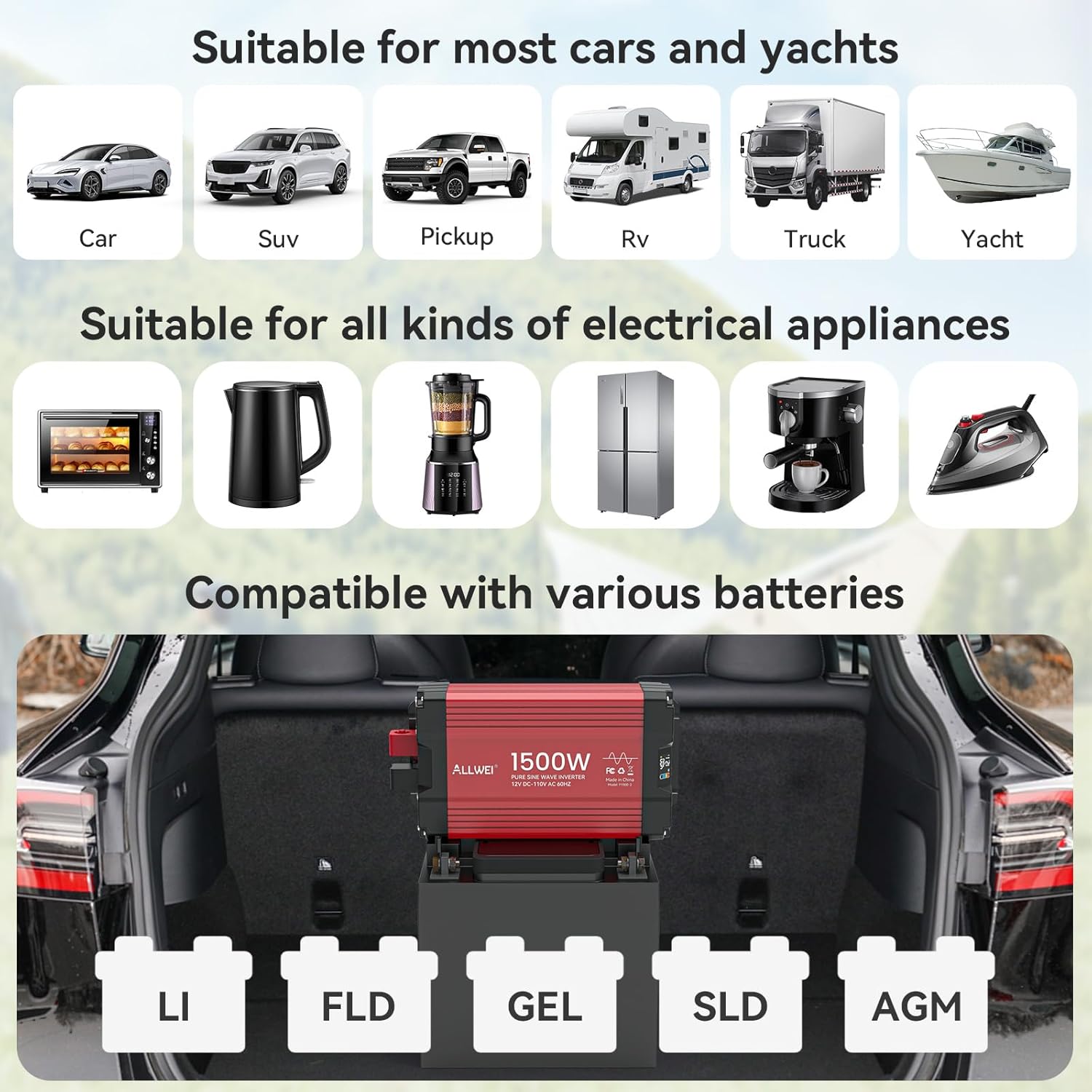 ALLWEI 1500W Pure Sine Wave Inverter 12V to 110V AC