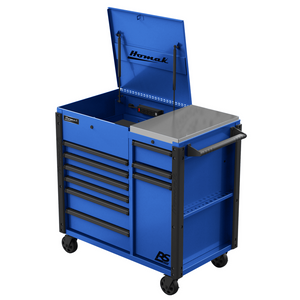 Dark Slate Blue Homak 44” RS Pro Series 9 Drawer Flip Top Power Service Cart with Workstation