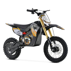 A black and yellow MotoTec 48v Pro Electric Dirt Bike 1600w Lithium with the number "199" on its front and side, featuring knobby tires and gold suspension forks.
