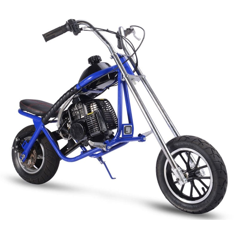 The MotoTec 49cc Gas Mini Chopper from MotoTec features a blue frame, black seat, chrome handlebars, and pneumatic street tires set against a white background.